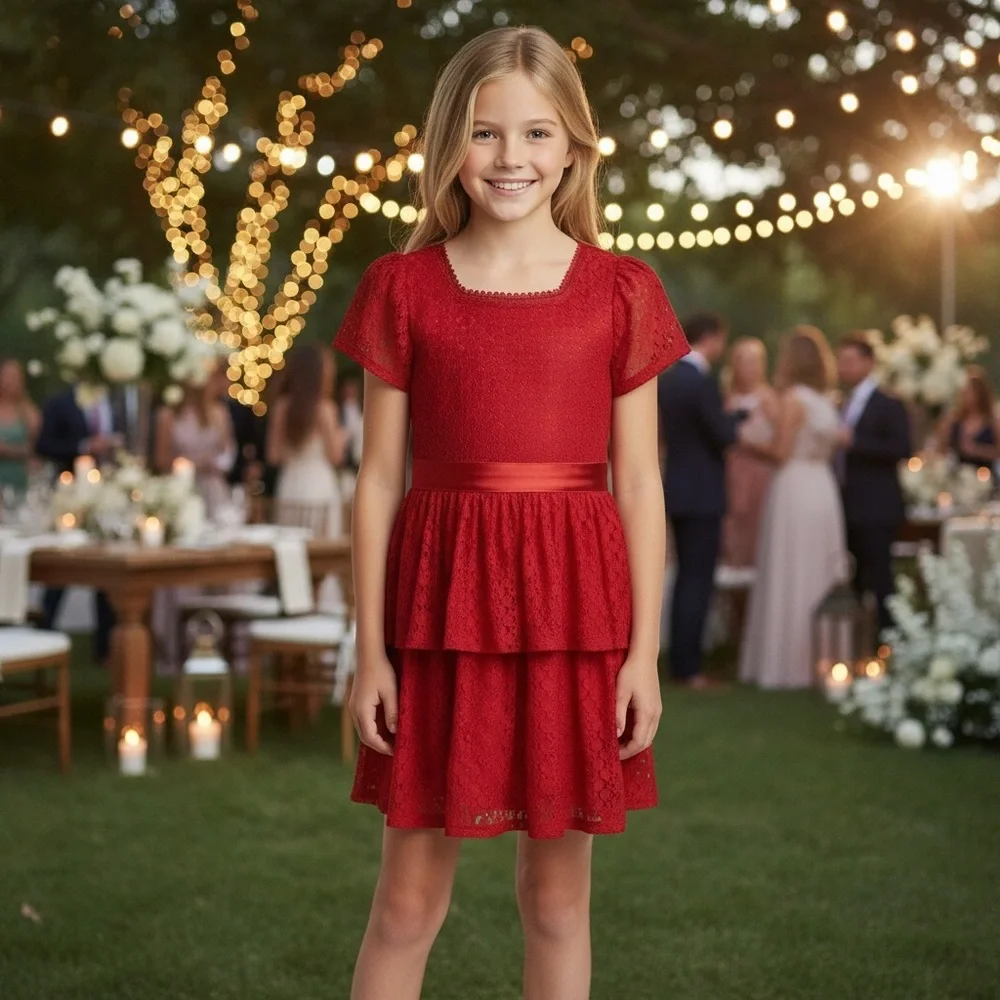 NWT Aqua from Bloomingdales Girls Red Lace‎ Dress Holiday Formal Wedding Party